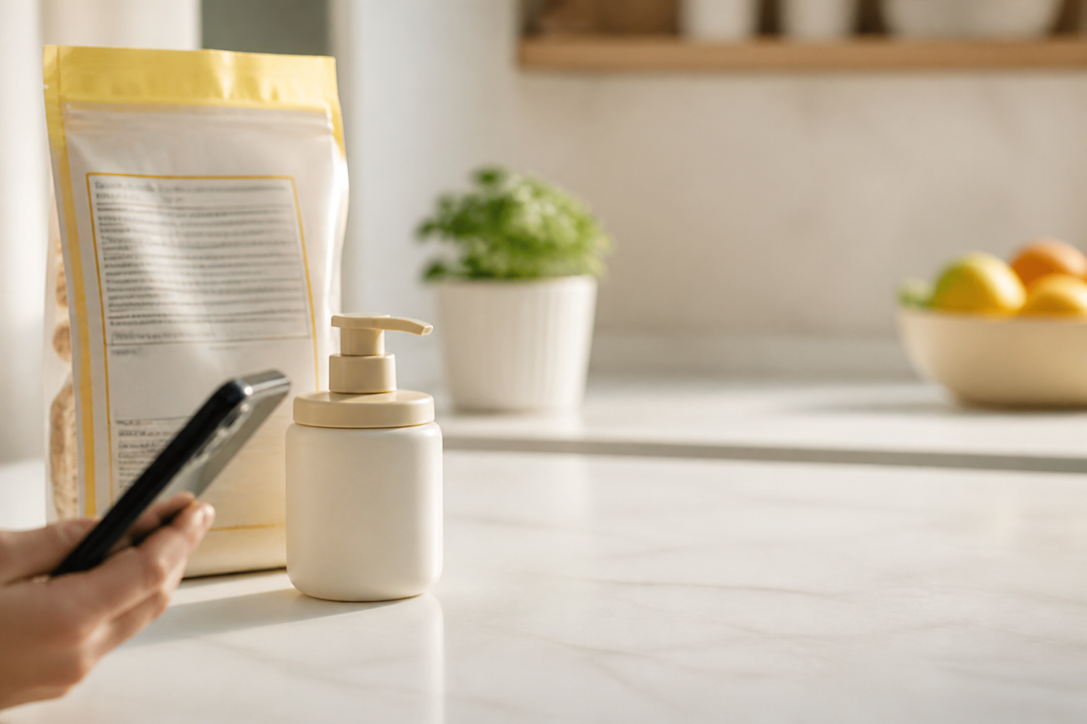 Everyday food and skincare products being checked with a phone at home